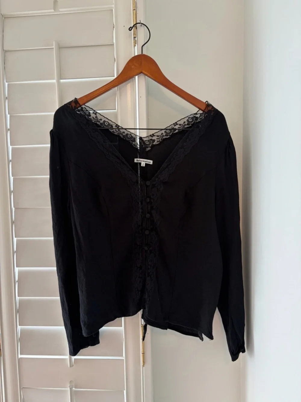 Reformation Nadene Top - Black Lace-Trim Long Sleeve Top - Women - Picture 1 of 3